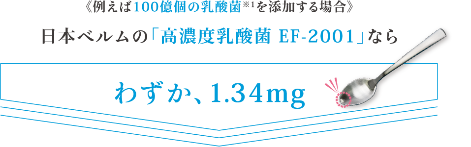 例えば100億個の乳酸菌※1を添加する場合日本ベルムの「高濃度乳酸菌 EF-2001」ならわずか、1.34mg